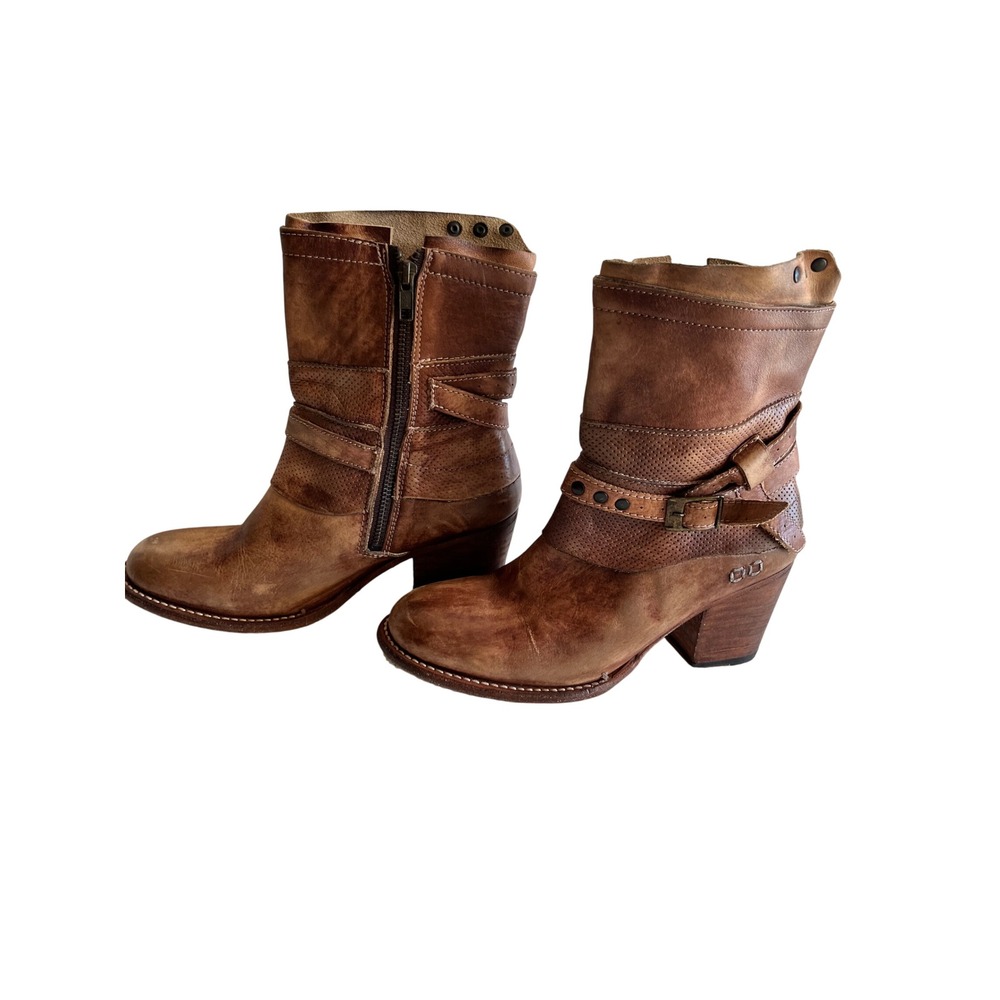 Bed Stu Manchester II Distressed Tan Leather Buckle Mid Calf Boots Womens